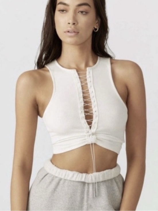 Joah Brown Tops - ♡ Joah Brown Lace Up Crop Tank Top in White FlexRib